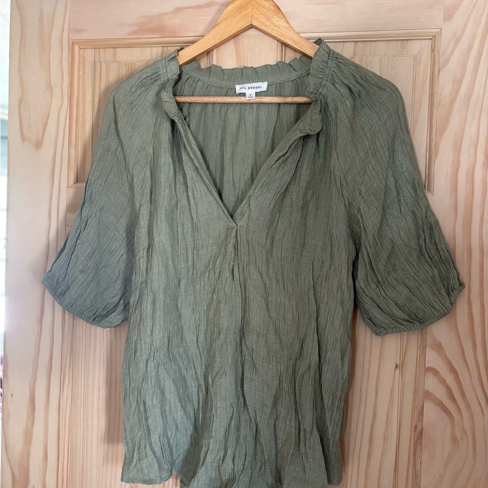Green Ruched Blouse with Mandarin Collar